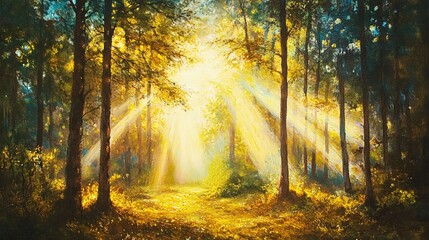 Obraz premium Sunbeams Illuminating a Forest Path