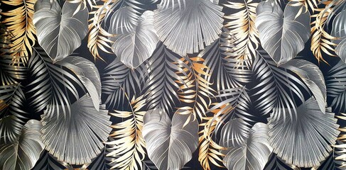 Texture of black wallpaper with an ornament of palm leaves with gold and silver elements. Luxury wallpaper with palm leaves ornament. Black exotic background ornament. Interior design wallpaper.