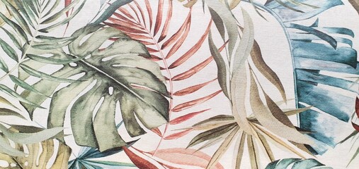 Texture of wallpaper or fabric with an ornament of colored palm leaves on a white background. Print with palm leaves ornament. Exotic background ornament. Interior design wallpaper. Fashion design.