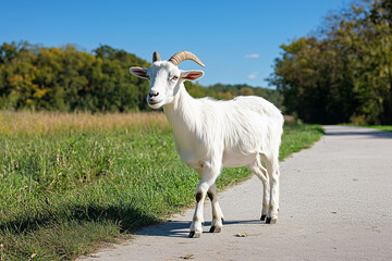 Obraz premium A white goat walks along the path in nature, looking at the camera on a sunny day
