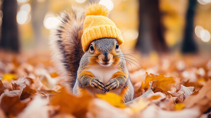 Fototapeta premium Cute squirrel in yellow hat surrounded by autumn leaves in forest looking at camera. Autumn concept, animal photography, high resolution