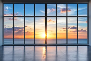 Fototapeta premium Stunning sunrise through panoramic windows overlooking the ocean