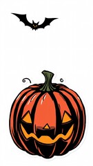 A carved pumpkin with a sinister grin sits beneath a flying bat, capturing the essence of Halloween festivity in autumn