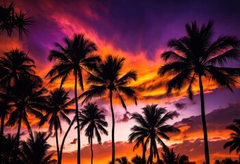 vibrant palm silhouettes stunning sunset backdrop rich colors dramatic sky, contrast, landscape, clouds, horizon, light, nature, beauty, scene, view, tree