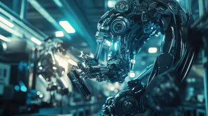 A robotic exoskeleton-enhanced worker assembling parts in a futuristic factory, surrounded by advanced machinery