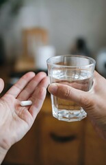 Hands Holding a White Capsule and a Glass of Water in Preparation for Taking Medication