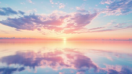 A beautiful sunset over the ocean with a pink and purple sky. The water is calm and the sky is filled with clouds
