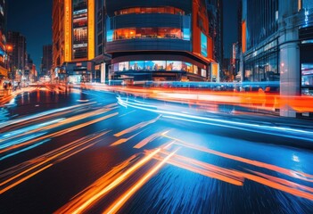 Fototapeta premium vibrant cityscape dynamic movement blur effects capturing urban energy life, architecture, skyline, buildings, streets, night, lights, atmosphere