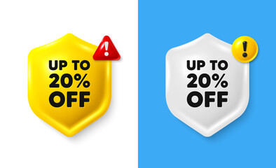 Up to 20 percent off sale. Shield 3d banner with text box. Discount offer price sign. Special offer symbol. Save 20 percentages. Discount tag chat protect message. Shield speech bubble banner. Vector