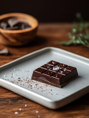 Square piece of dark chocolate with salt on a plate