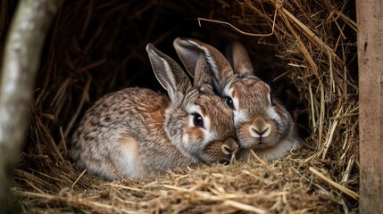 Fototapeta premium A pair of rabbits snuggled up together in a cozy burrow, surrounded by soft hay