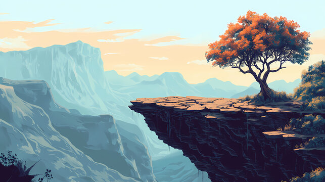 A serene landscape featuring a cliffside view with a lone tree and distant mountains. Cliffside View. Illustration