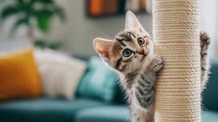 A kitten climbing up a scratching post in a modern living room, exploring its surroundings