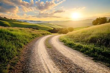Country road leading towards hills with sunset in the background