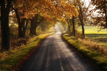 Autumnal road through trees with morning mist and sunlight