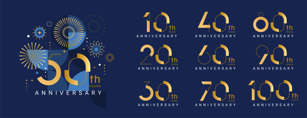 Set of anniversary logo for every decade with template for anniversary 50 years.Card with golden fireworks and numbers.Design for web,poster,banner,flyer,party,wedding,greeting card,invitation.Vector