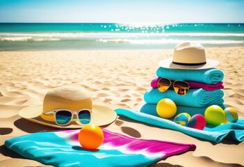 colorful tropical beach gear arranged lively towels featuring sun flip water beach balls, vibrant, hats, sunglasses, sunscreen, flops, bottles, summer