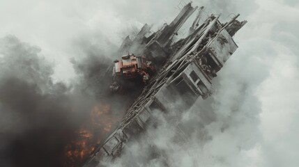 A rescue robot pulling a survivor from a collapsed building, smoke and debris filling the air