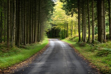 Obraz premium Asphalt road winding through lush green forest, sunlight dappling through trees