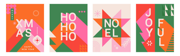 2025 Christmas bright flyers, set of greeting banners with long different colors shadows. Minimalistic geometric patterns.Posters,cards in simple geometric style.Design templates for cover,web. Vector