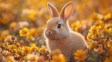 Adorable bunny in a field of yellow flowers