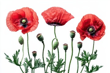 Three red flowers with green stems, generative ai image