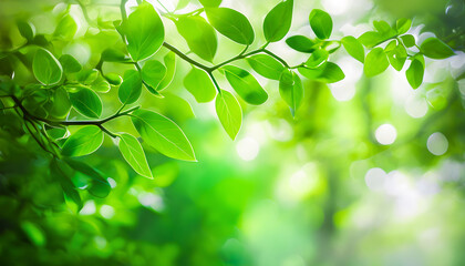 Obraz premium Close-Up Photograph of Fresh Vibrant Leaves Captured in the Upper Portion of the Image, Showcasing Natural Beauty and Lush Green Foliage in a Detailed, Copy space Text Background