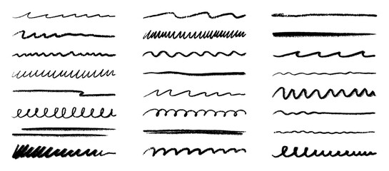 Chalk lines, charcoal highlight strokes doodle set. Pencil underlines, kids crayon strips, brush line in sketch style. Grunge texture. Hand drawn vector illustration isolated on white background