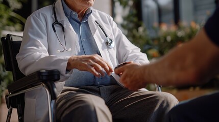 Fototapeta premium A close-up of a geriatric doctor conducting a mobility assessment for an older adult, focusing on improving quality of life through tailored care.