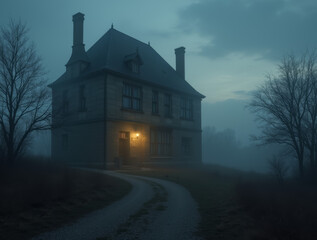 verlassene Villa bei Dämmerung in nebliger Umgebung

