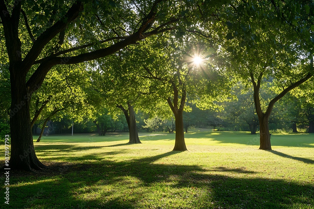 Poster Sun shining through trees in a green park. Tranquil nature scene with green grass and long shadows.