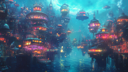 Fototapeta premium An underwater city of floating structures and vibrant lights. Floating City. Illustration