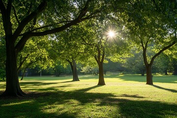 Sun shining through trees in a green park. Tranquil nature scene with green grass and long shadows.