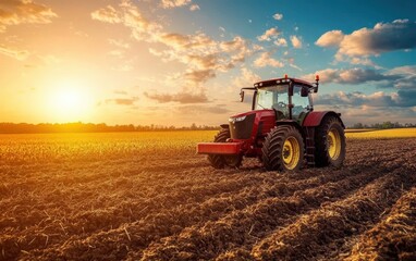 Obraz premium Combine harvester working on a field in sunsat. Agriculture