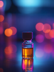 Vial with liquid on a reflective surface with colorful bokeh