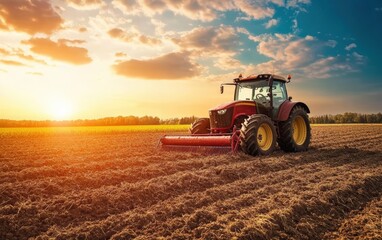 Fototapeta premium Combine harvester working on a field in sunsat. Agriculture