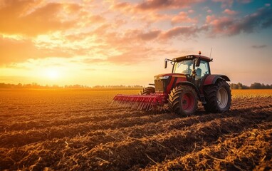 Fototapeta premium Combine harvester working on a field in sunsat. Agriculture