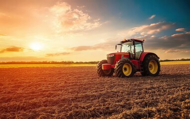 Obraz premium Combine harvester working on a field in sunsat. Agriculture