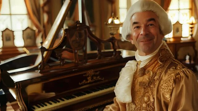 In an ornate room, a courtier with a white wig excitedly points to a harpsichord, showcasing the elegance and music of the 18th century for guests to admire.