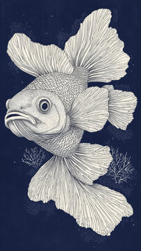 recommend clip art: Detailed line art of a fish with flowing fins on a dark blue background.