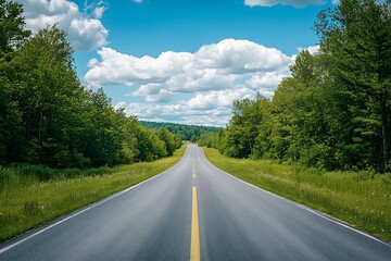 Fototapeta premium Asphalt road through a forest with a blue sky and white clouds in the distance. Concept of travel, journey, and freedom.