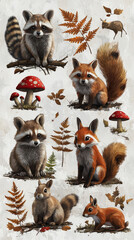 Fototapeta premium Cute woodland animals with fall colors