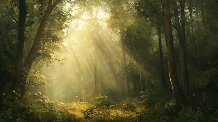 Obraz premium Sunlight Filtering Through Dense Forest Canopies