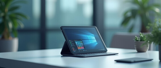 Fototapeta premium Modernes Arbeitsumfeld mit Tablet und Pflanze