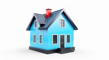 A stylized blue house with a red chimney, showcasing modern architectural design.