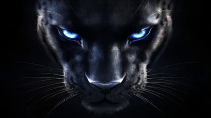 A black panther with piercing blue eyes stares intensely.