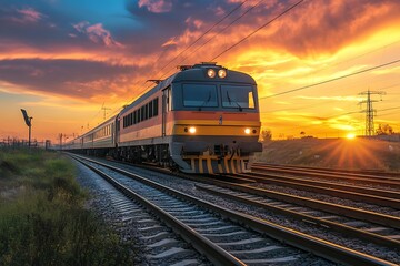 Fototapeta premium Train moving on railroad tracks during a dramatic sunset, landscape background