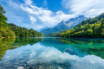 Serene mountain lake with crystal clear water and reflecting sky. Beautiful natural landscape of pristine mountain wilderness