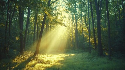 Obraz premium Sunbeams Illuminating a Forest Path