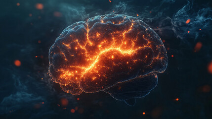 Fototapeta premium Brain. Human brain with fractal patterns glowing. Dark backdrop. Complexity and order. Ethical implications of fractal cognition. 